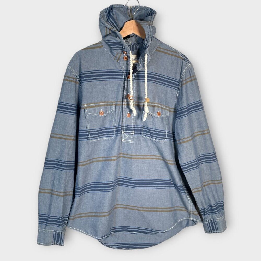 LANDS END CANVAS Half Button Up Hooded Shirt Mens LARGE Blue Striped Coastal